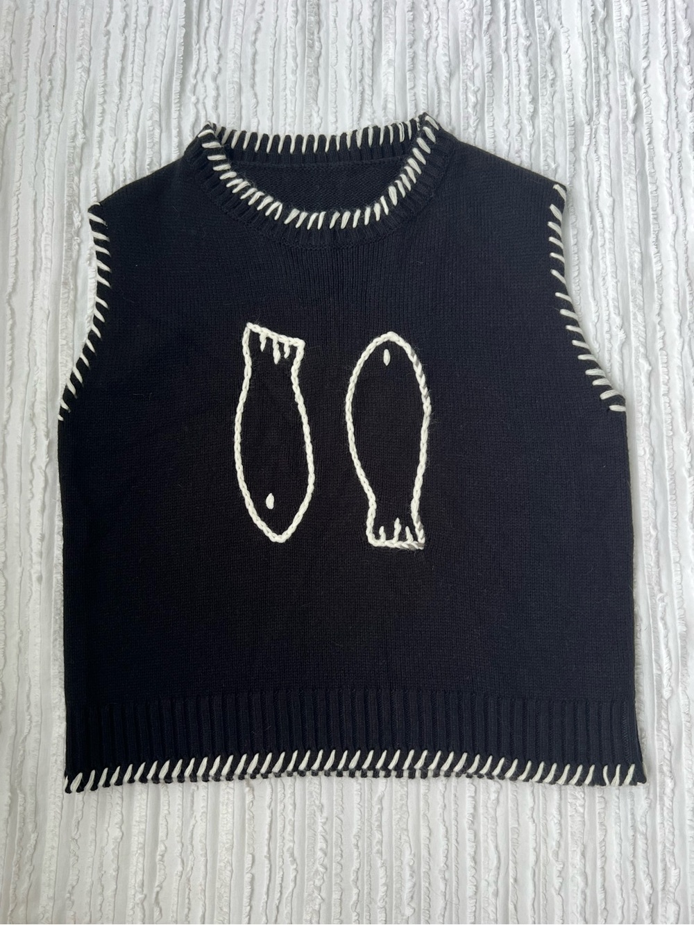 Black Sleeveless Knit Sweater Vest with White Fish Motif